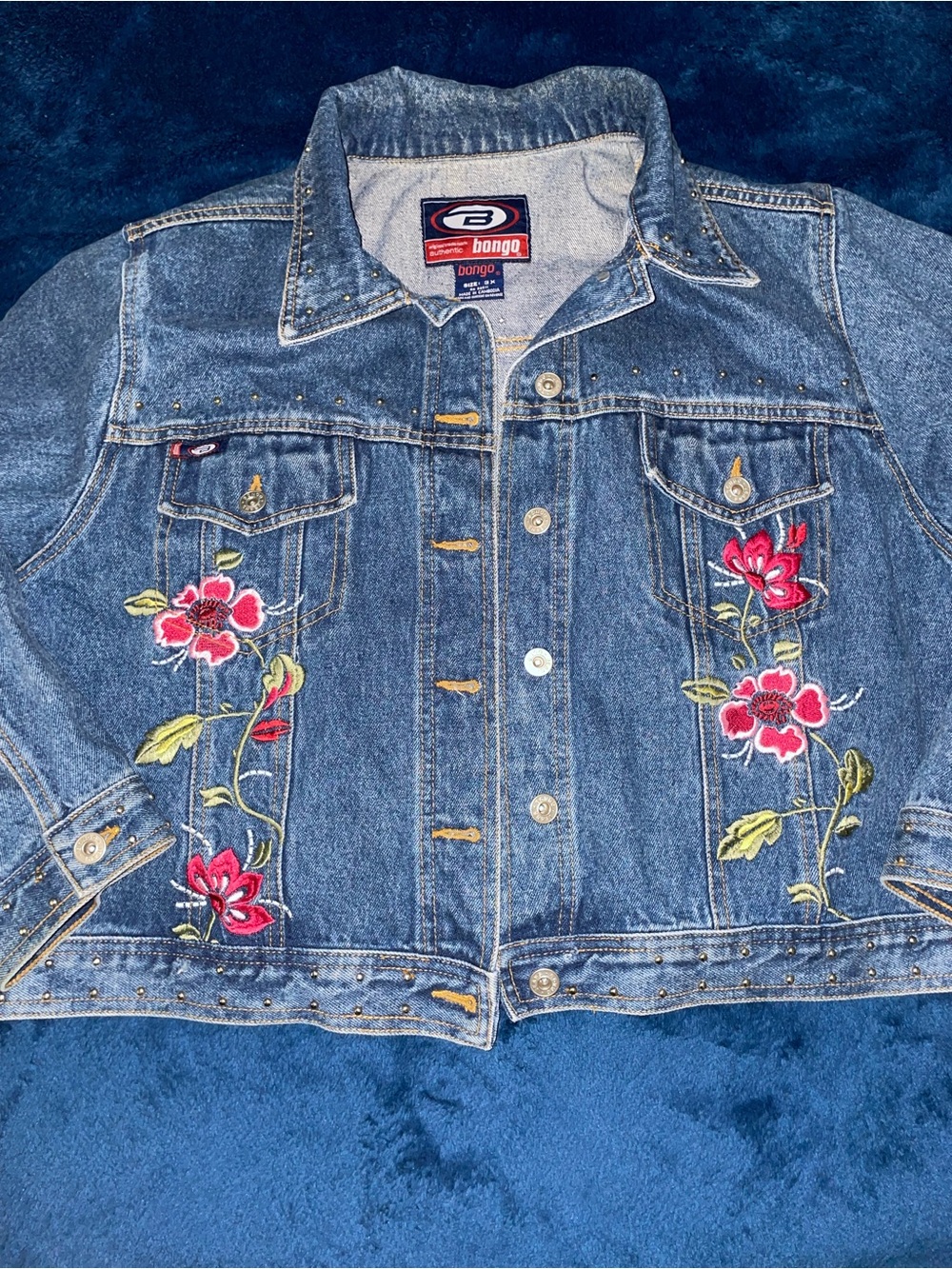 BONGO Blue Denim Jacket with Pink Floral Embroidery